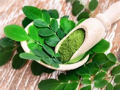 Moringa bladeren en poeder in een houten lepel